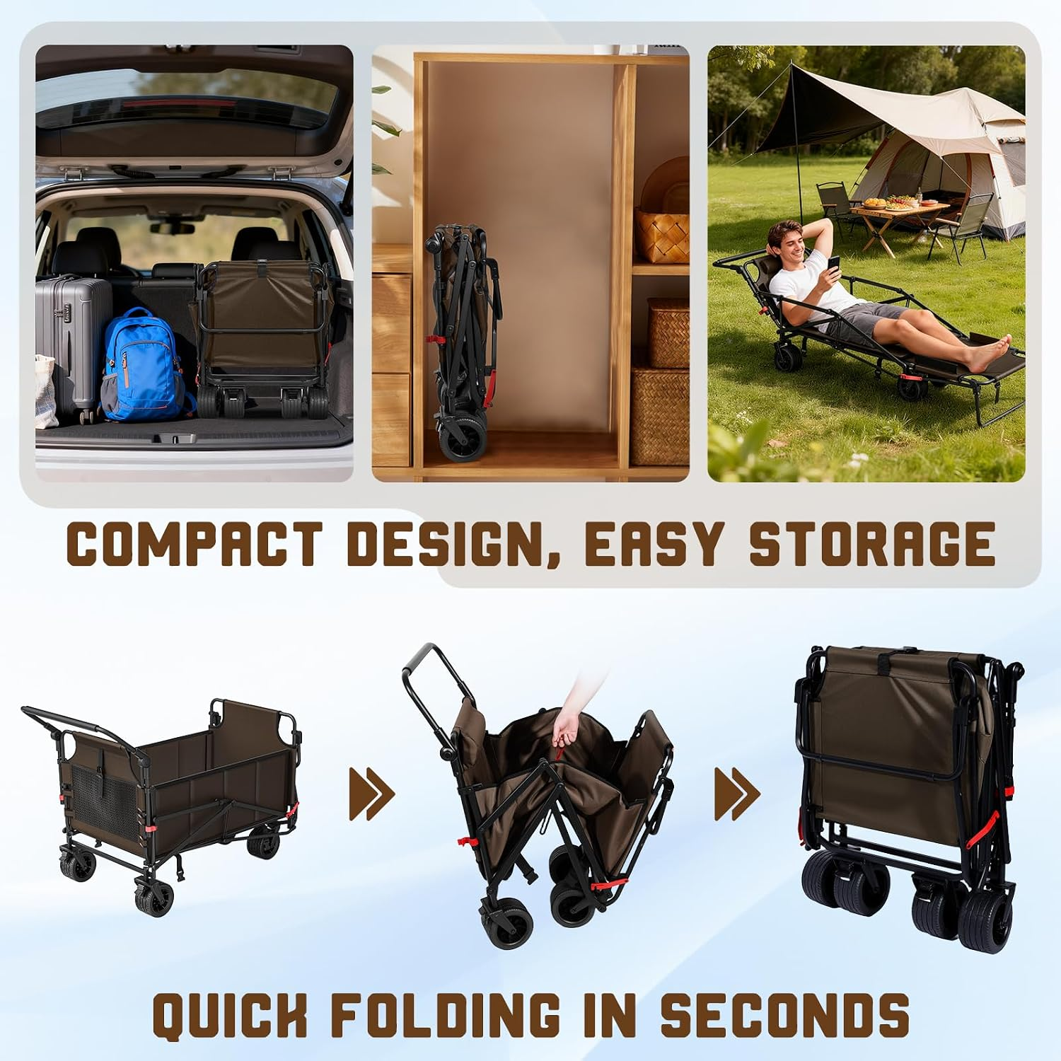 Heavy Duty Folding Wagon - 2-in-1 Collapsible Cart, All-Terrain Wheels w/Brakes & Side Pockets (Brown, 650lb Capacity)