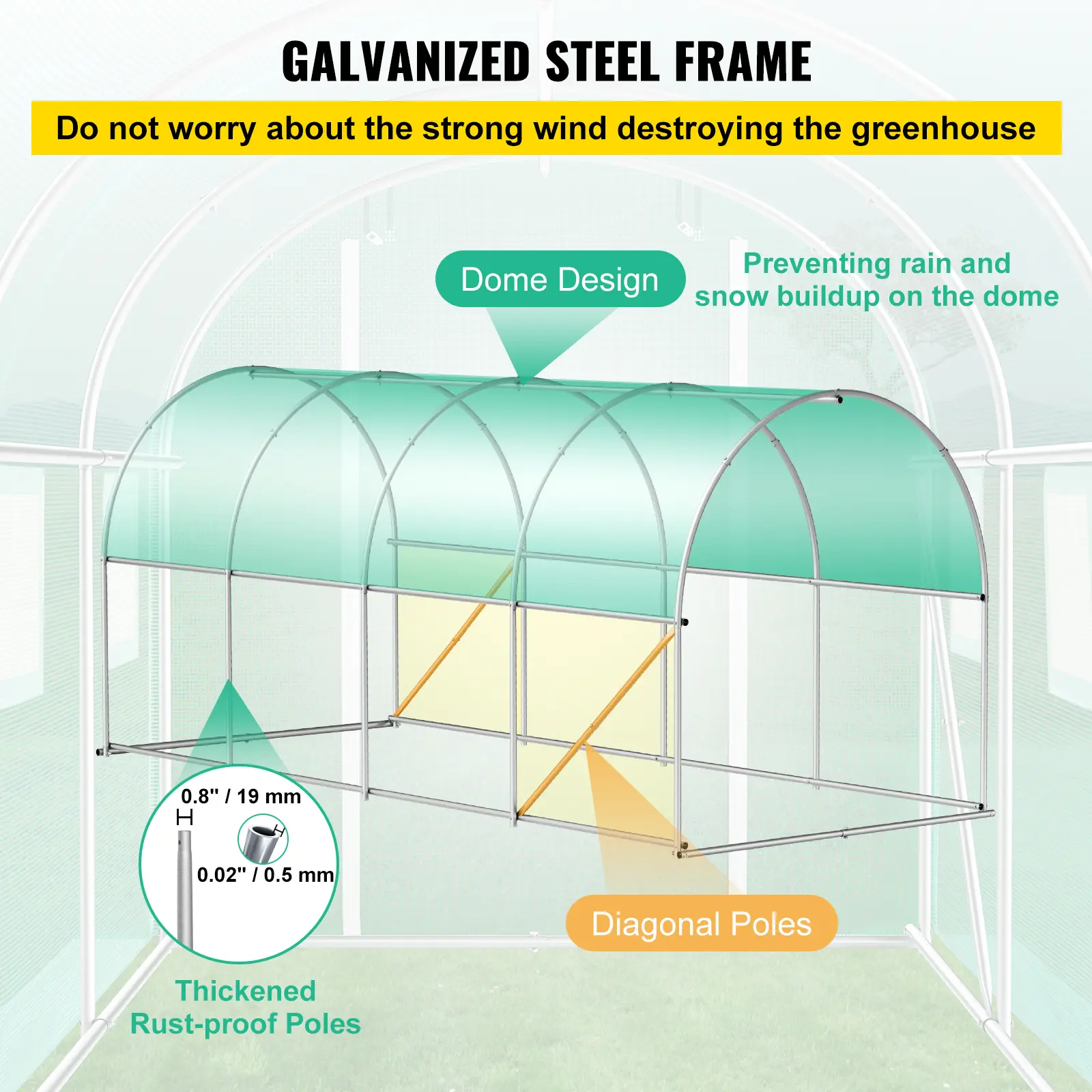  Portable Walk-In Tunnel Greenhouse with Galvanized Steel Frame 15x7x7 ft