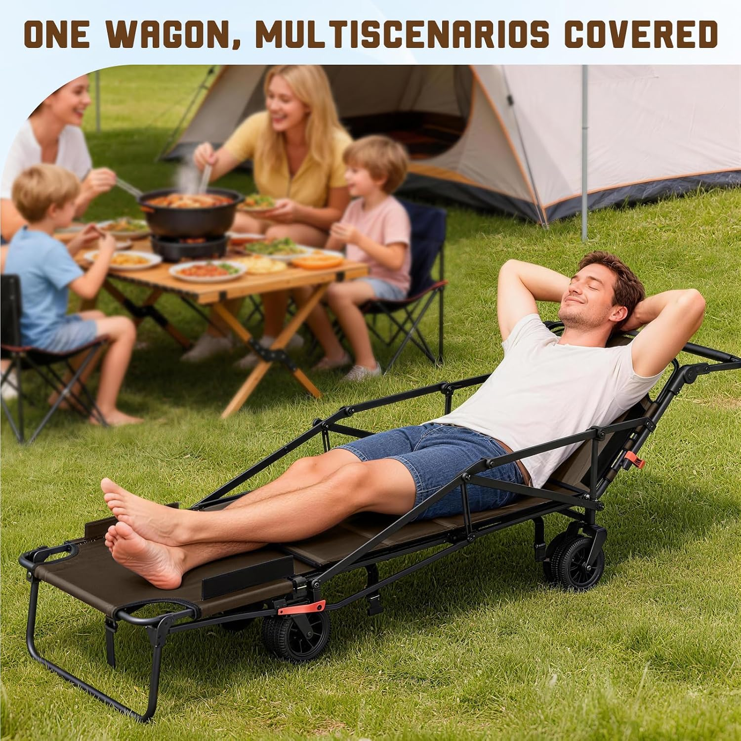 Heavy Duty Folding Wagon - 2-in-1 Collapsible Cart, All-Terrain Wheels w/Brakes & Side Pockets (Brown, 650lb Capacity)