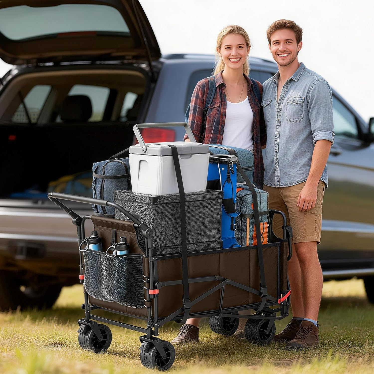 Heavy Duty Folding Wagon - 2-in-1 Collapsible Cart, All-Terrain Wheels w/Brakes & Side Pockets (Brown, 650lb Capacity)
