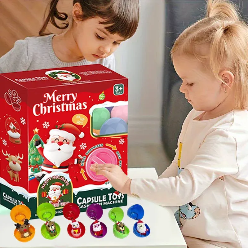 Children turning the knob on a Santa capsule toy dispenser