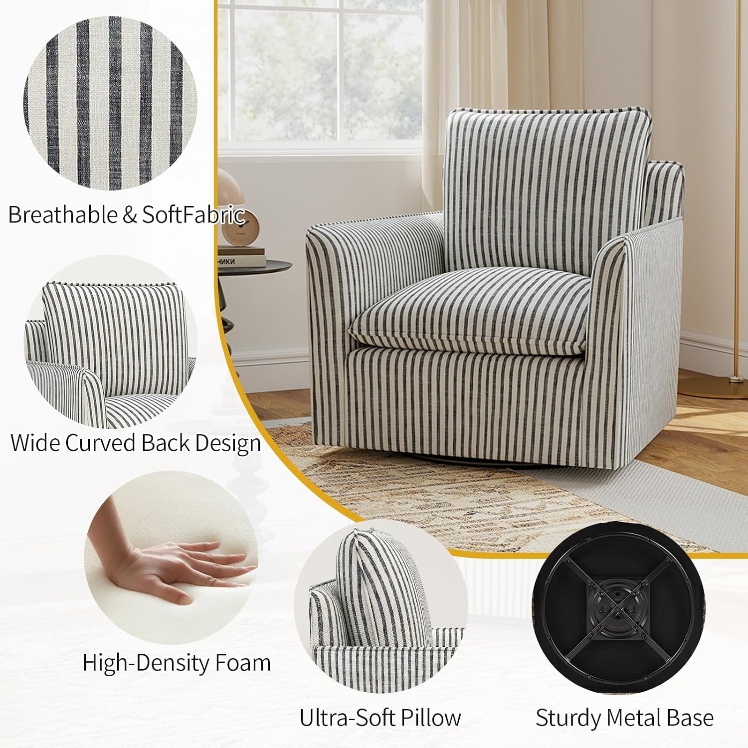 Modern Swivel Accent Chair with Thick Back Cushion