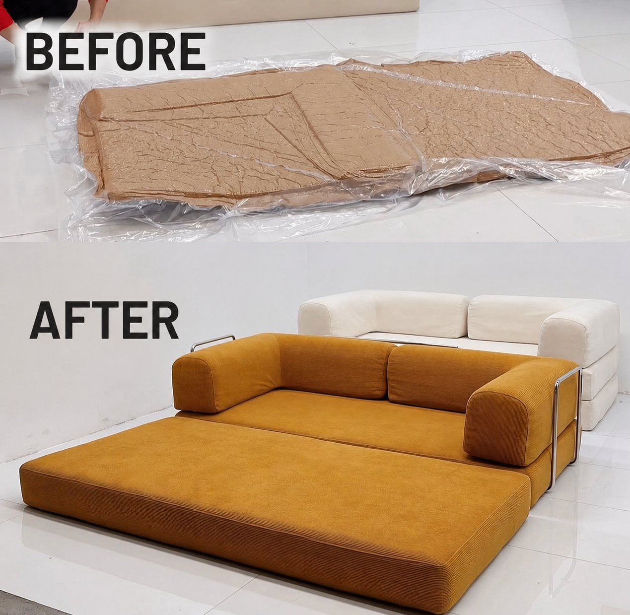 Cloud Sofa before opening in compressed packaging and after expansion