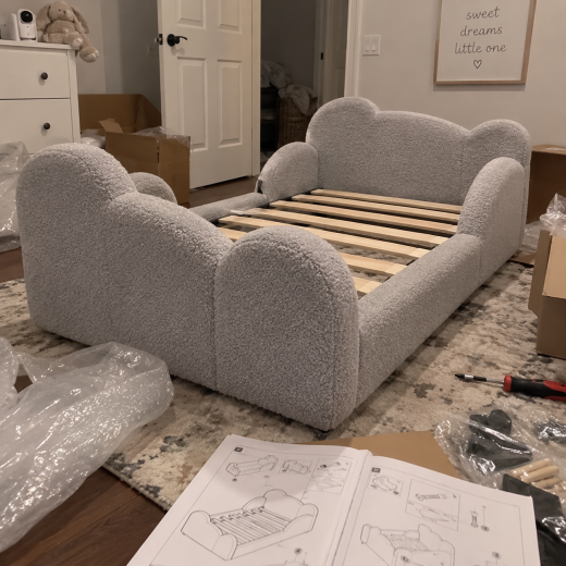 Separate white footrest positioned in front of the ergonomic chair