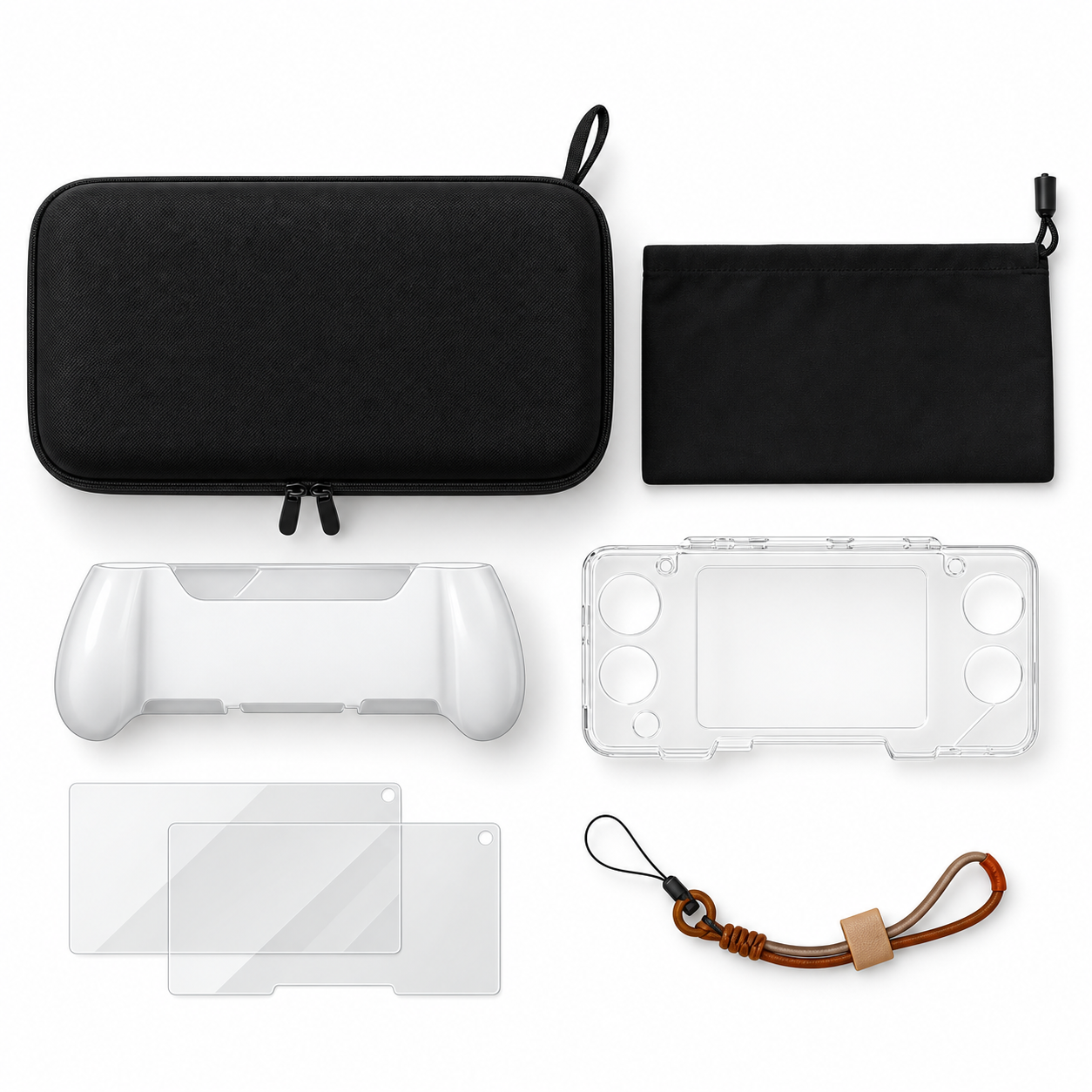 Complete gaming handheld accessories pack on a white background