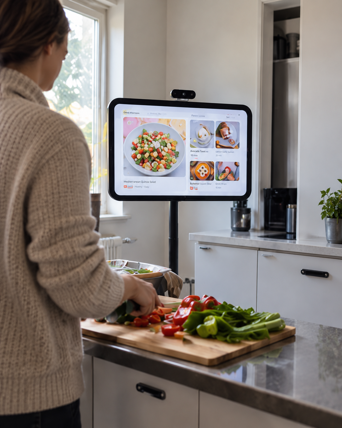 Kitchen lifestyle scene showing a black portable touchscreen with a recipe interface beside a person preparing vegetables