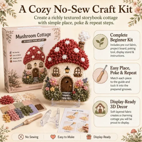 Mushroom Cottage kit contents and finished example