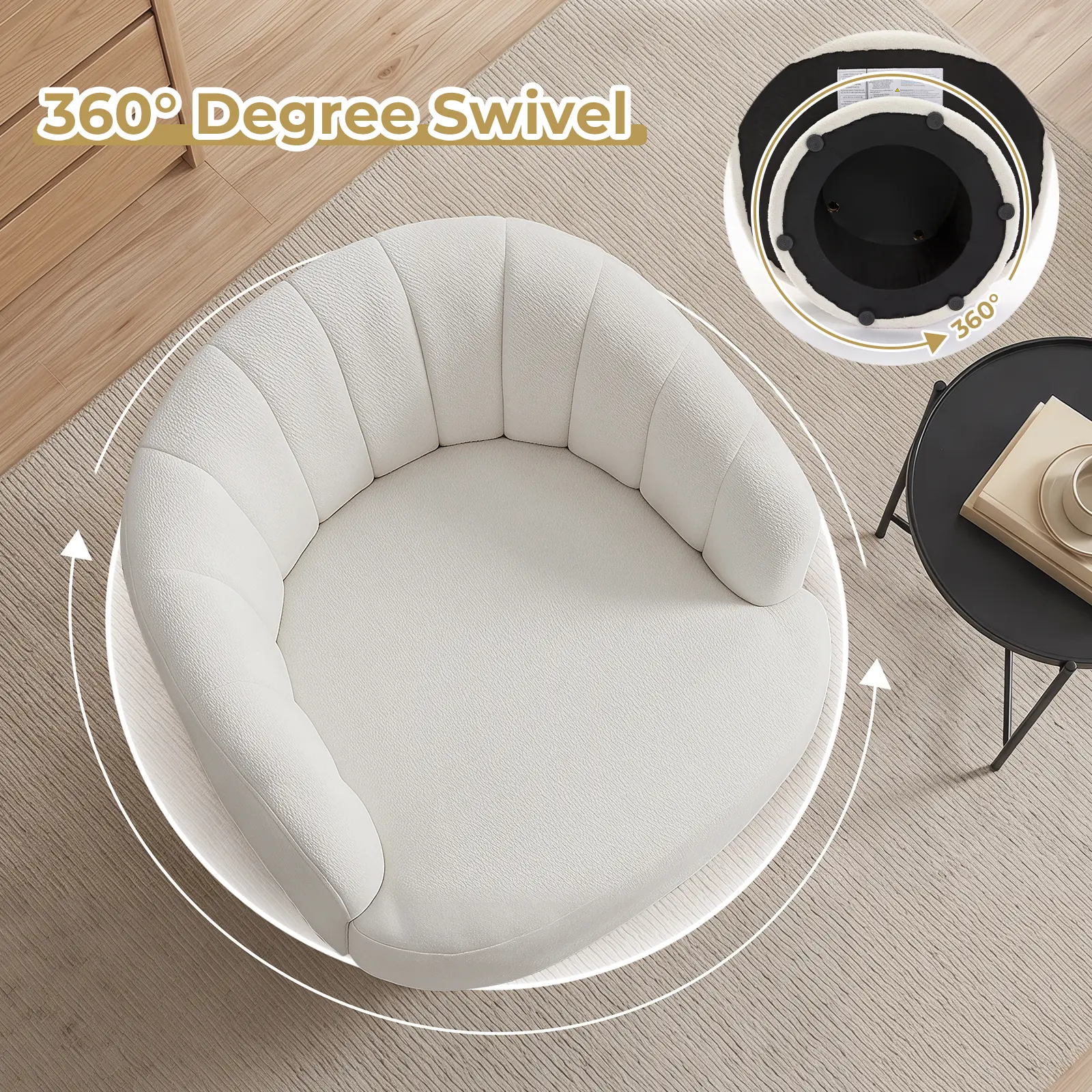 Ebello Swivel Accent Chair, Beige Lambswool