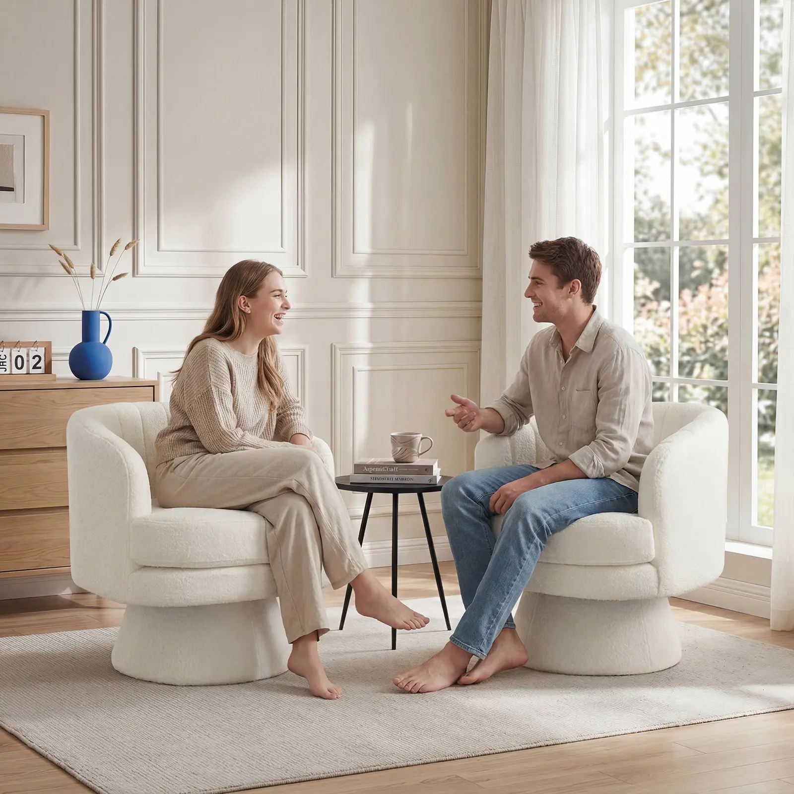 Ebello Swivel Accent Chair, Beige Lambswool