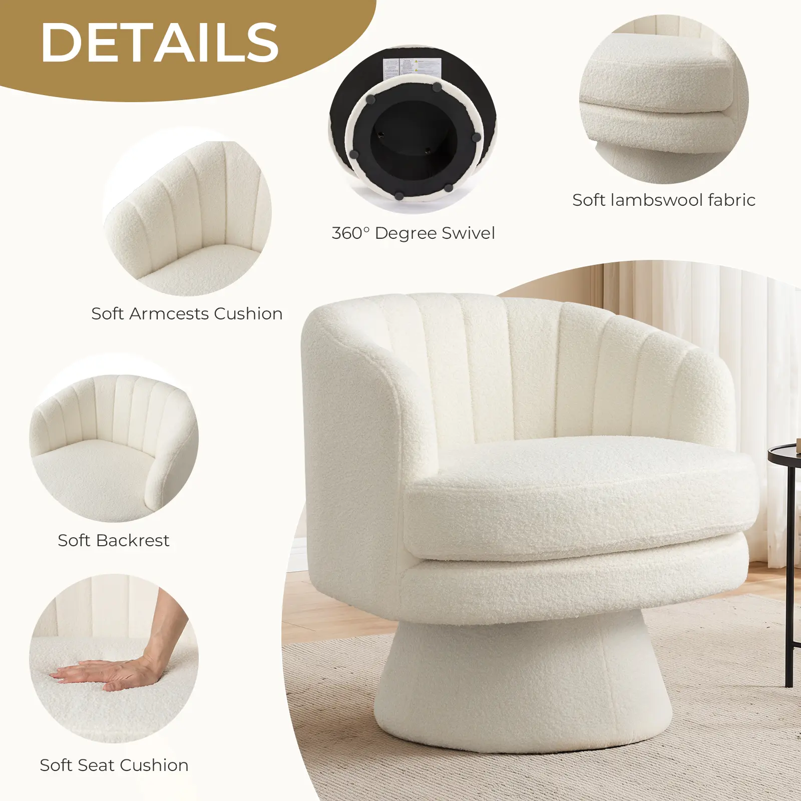 Ebello Swivel Accent Chair, Beige Lambswool