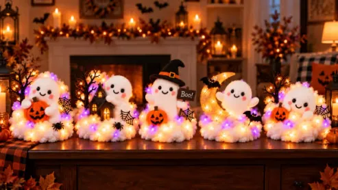 Glowing Ghost Staircase Decor | 5 Playful Halloween Characters for Railings, Mantels & Entryways