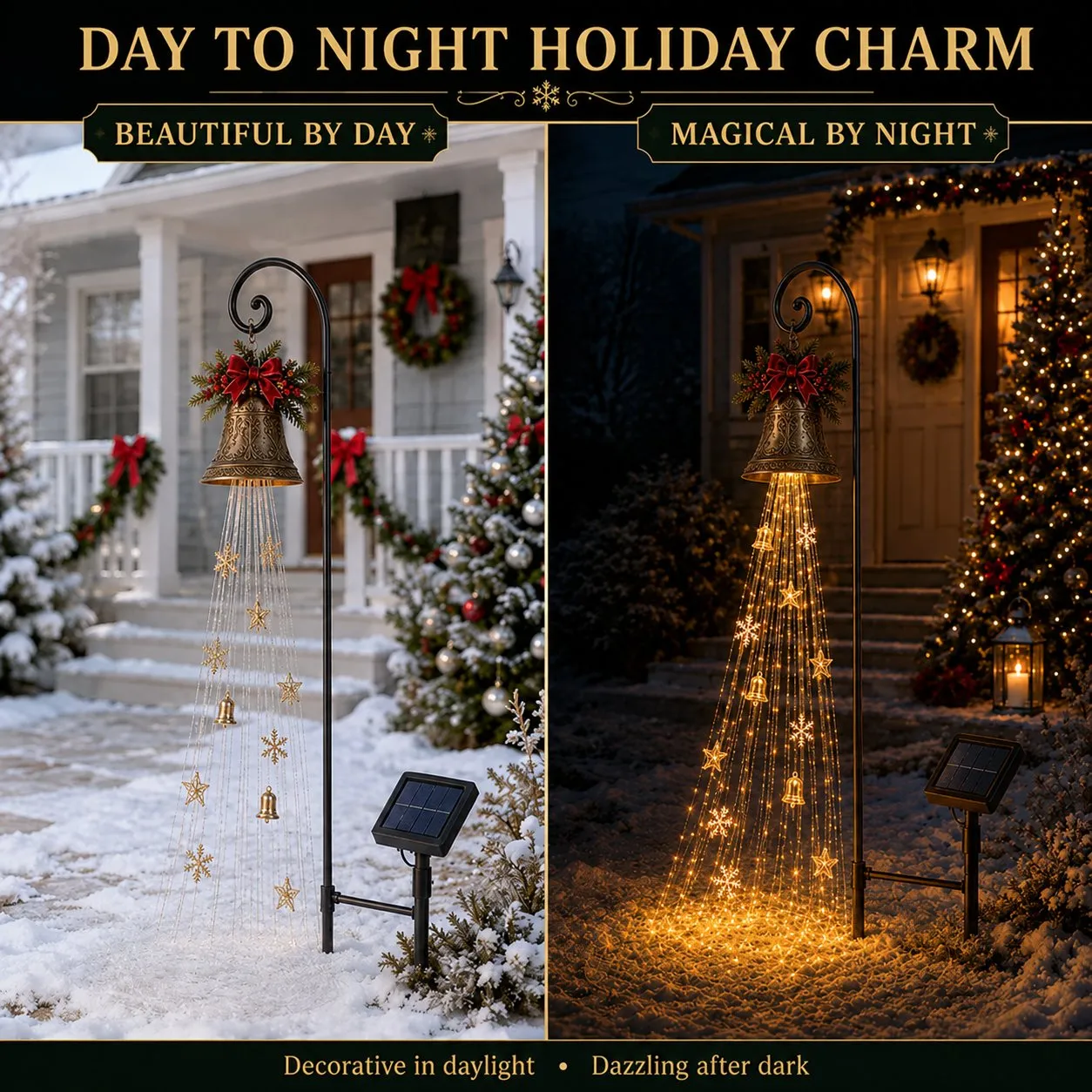 Christmas bell display by day and at night