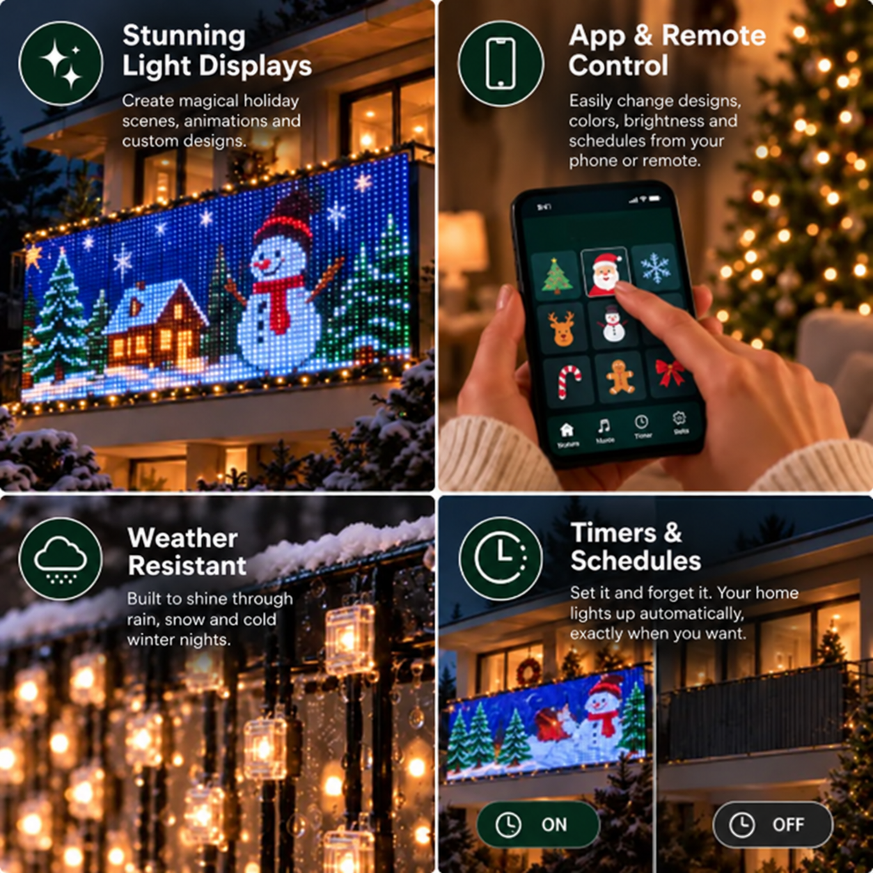 lpmcazd pixel curtain light display, app control and scheduling overview