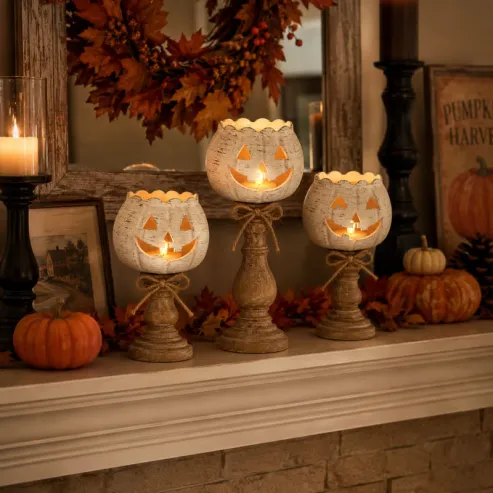 Set of 3 Rustic White Pumpkin Tealight Candle Holders - detail 2