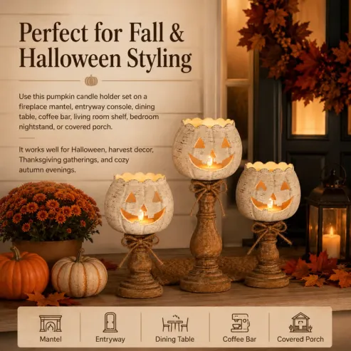 Set of 3 Rustic White Pumpkin Tealight Candle Holders - detail 4