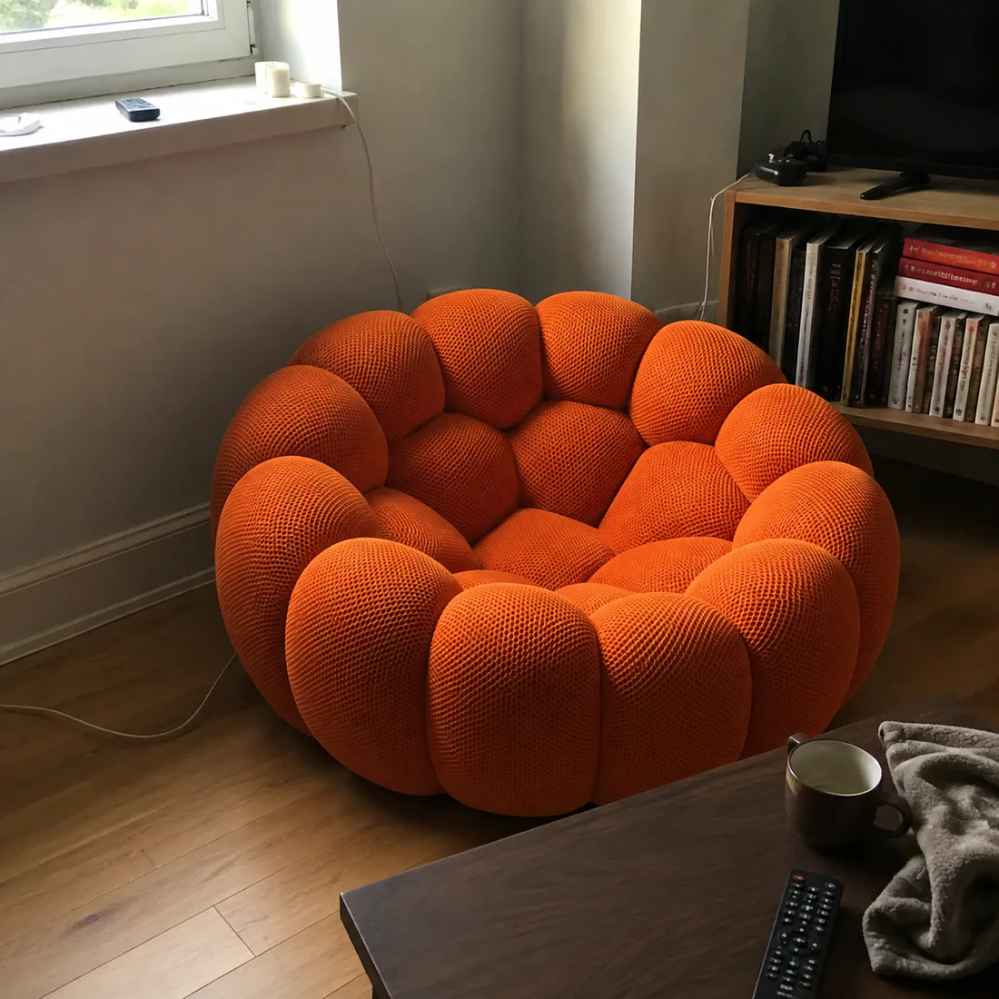 Orange Bubble Floor Sofa near a television and coffee table