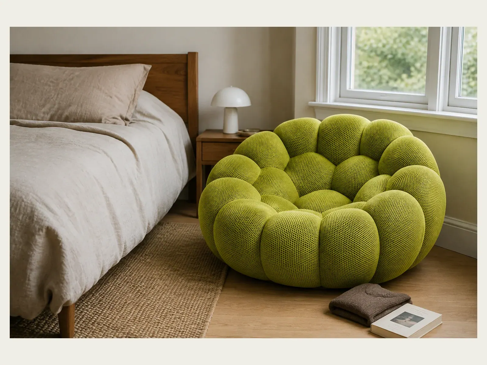 Green Bubble Floor Sofa placed beside a bed
