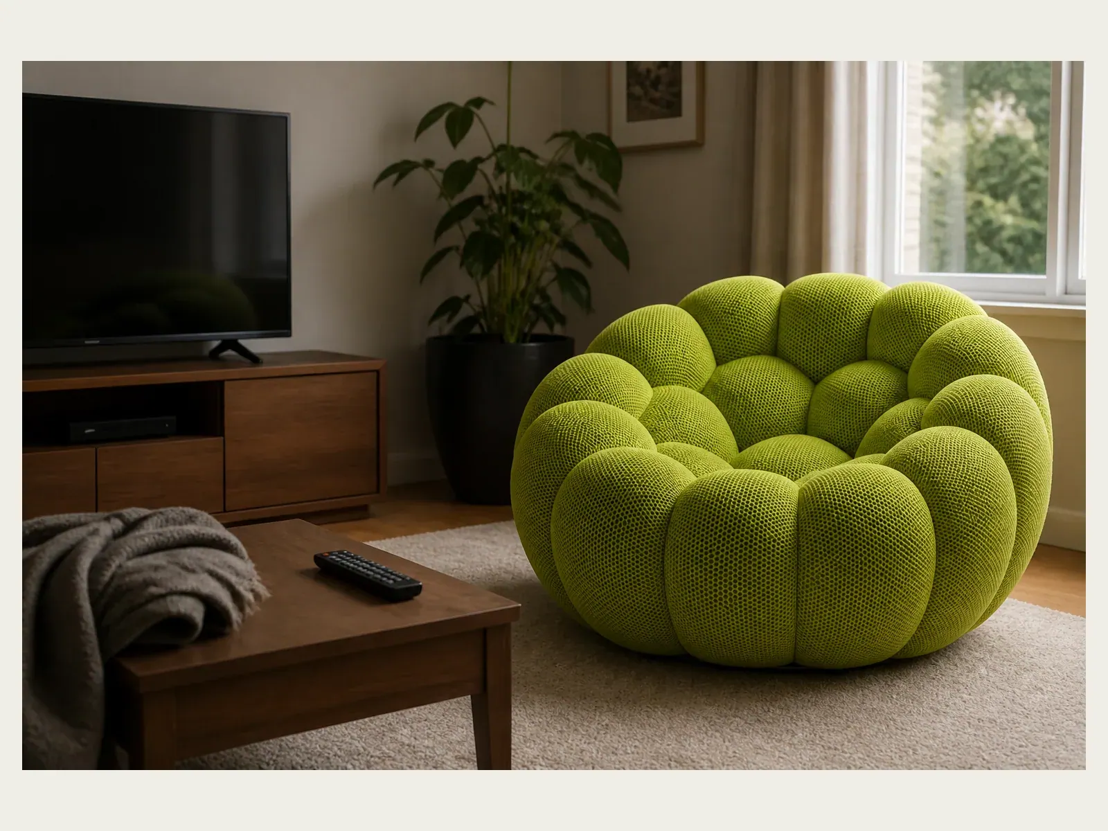 Green Bubble Floor Sofa in a living room beside a television