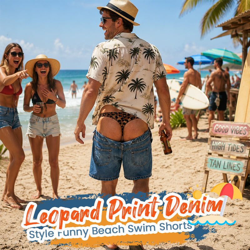 🔥LAST DAY 50% OFF -Leopard Print Denim Funny Beach Swim Trunks