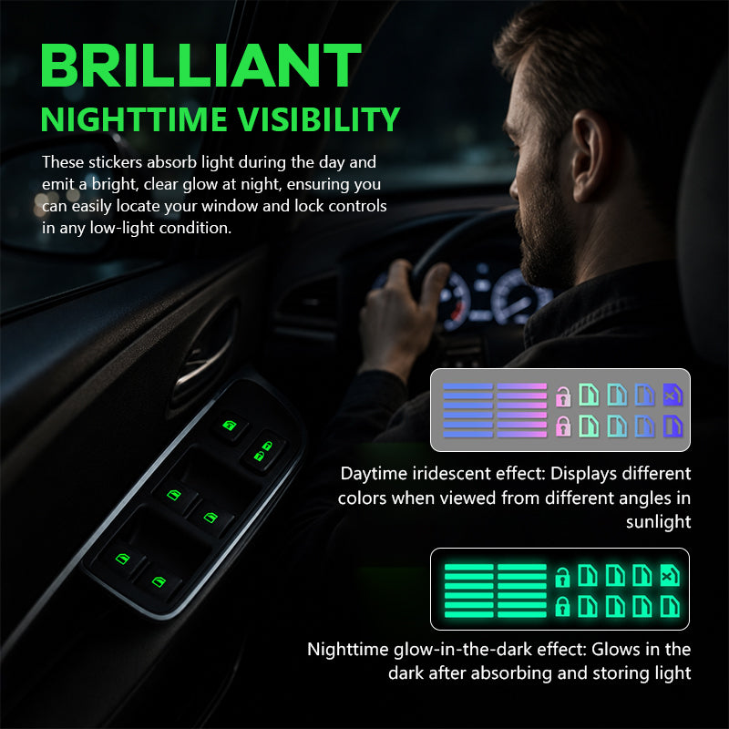 ✨Car Window Lift Switch Luminous Stickers - Colorful Night Glow Warning Button Decal✨