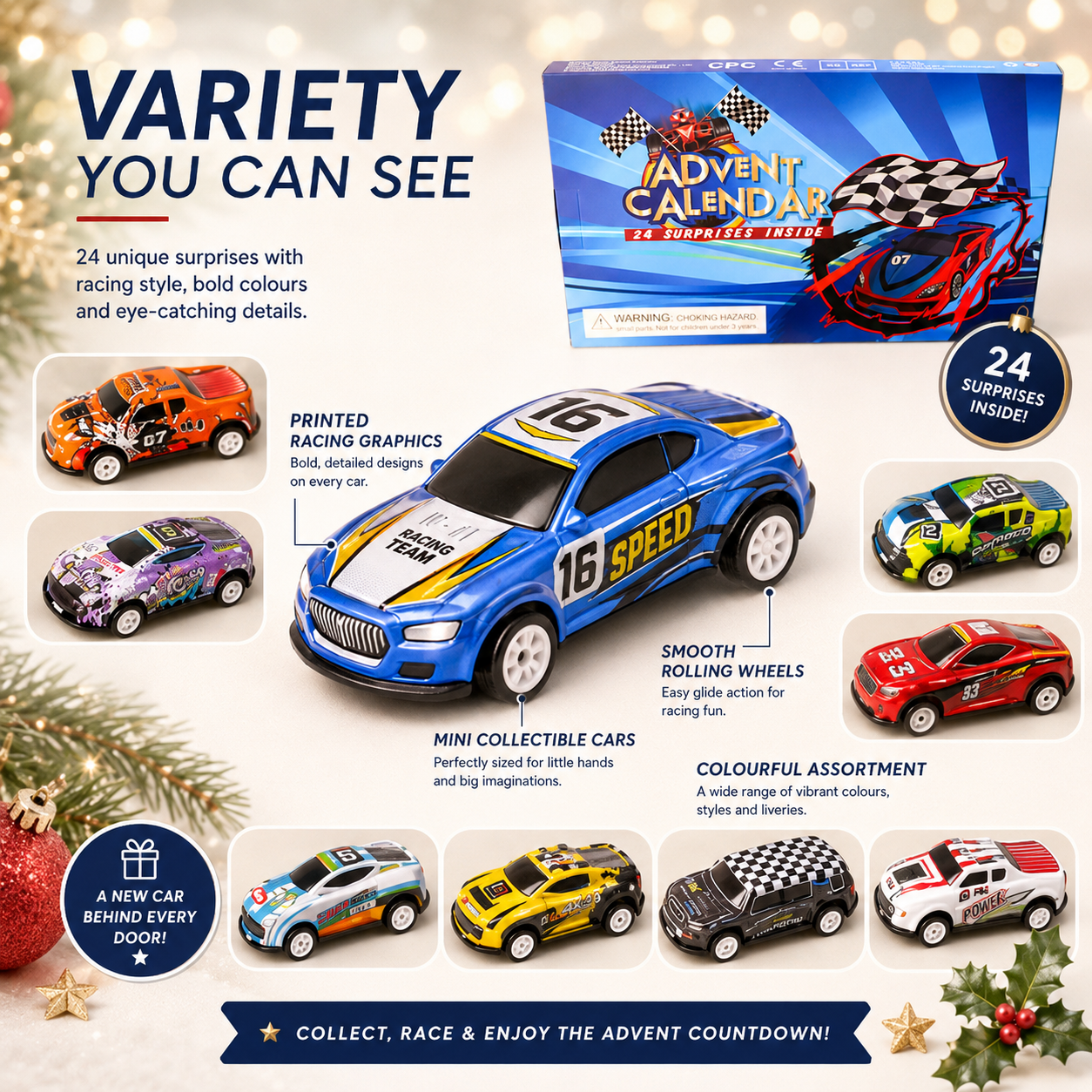 🎄📅24-Day Countdown Advent Calendar for Racing Christmas 2026 – Countdown with Race Cars for Kids🎁