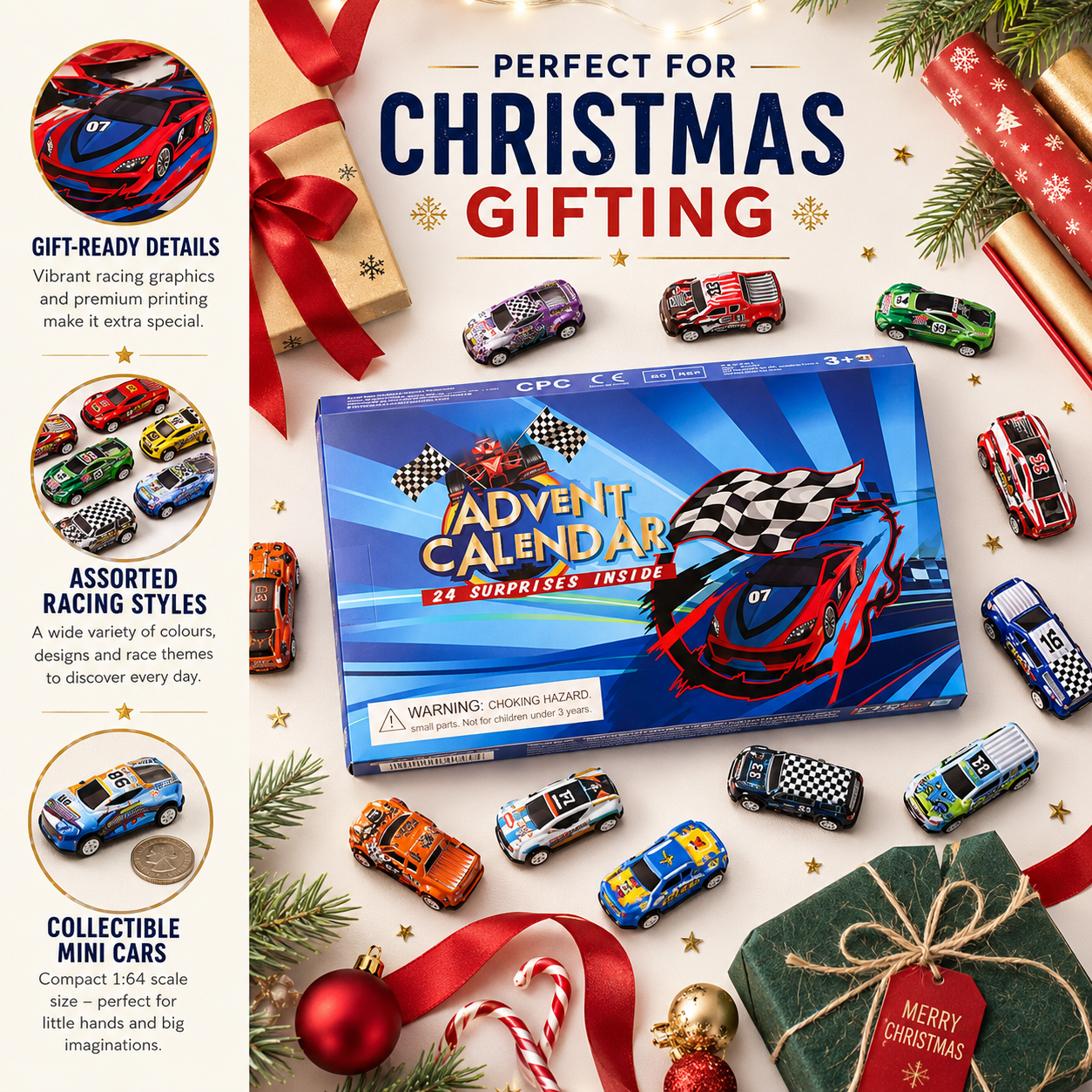 🎄📅24-Day Countdown Advent Calendar for Racing Christmas 2026 – Countdown with Race Cars for Kids🎁
