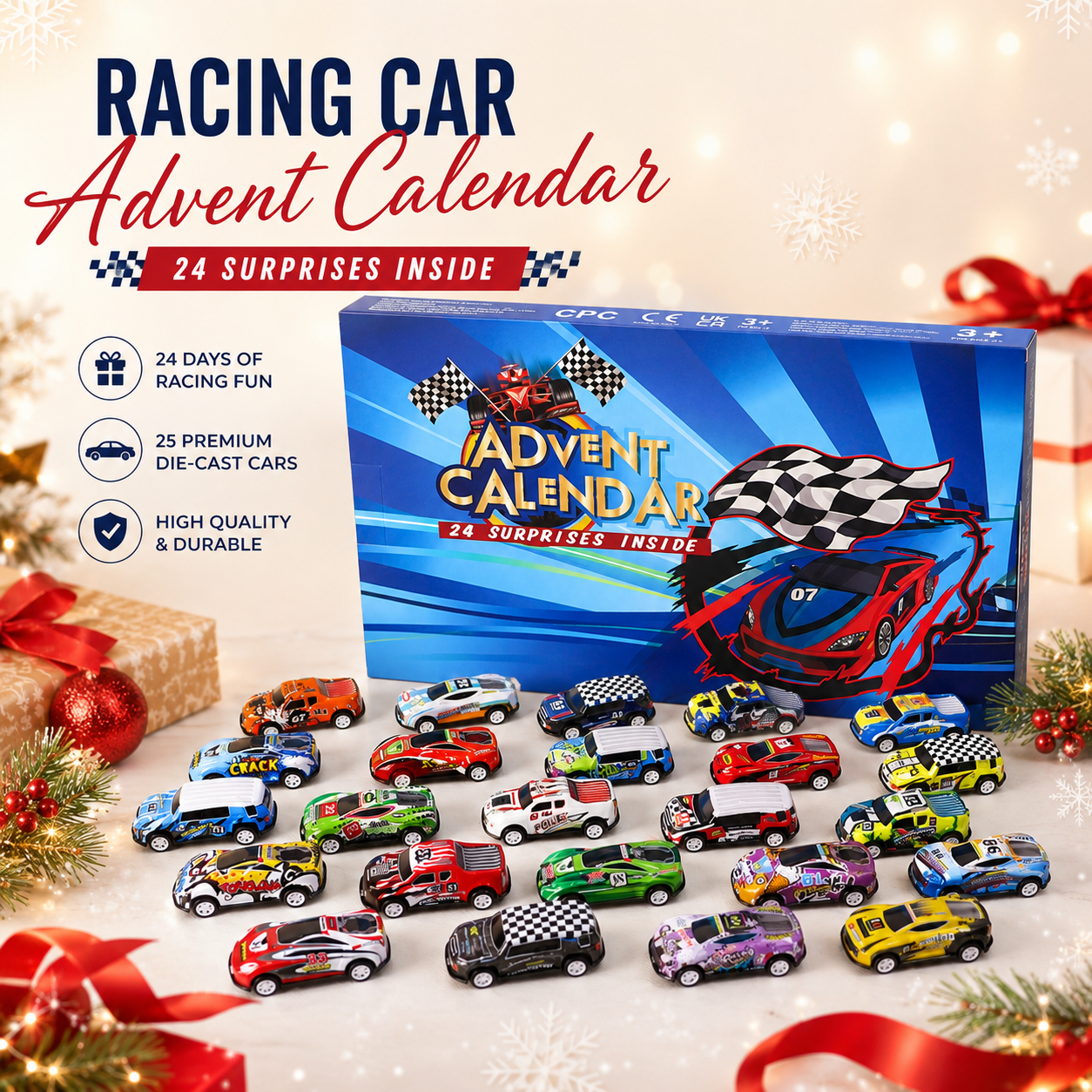 🎄📅24-Day Countdown Advent Calendar for Racing Christmas 2026 – Countdown with Race Cars for Kids🎁