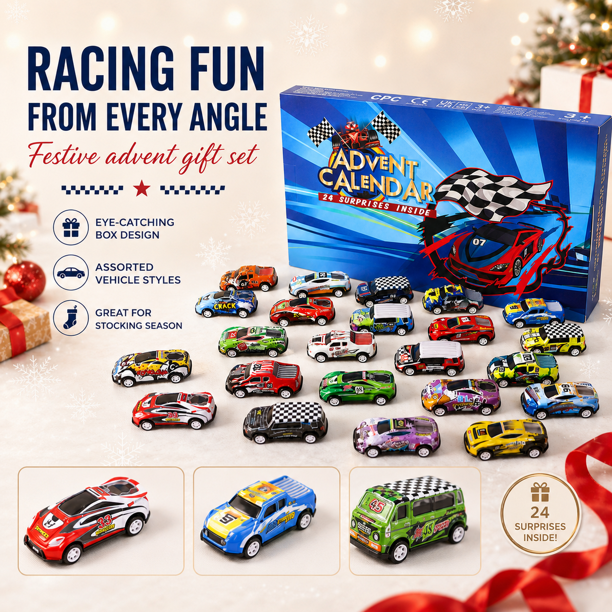🎄📅24-Day Countdown Advent Calendar for Racing Christmas 2026 – Countdown with Race Cars for Kids🎁
