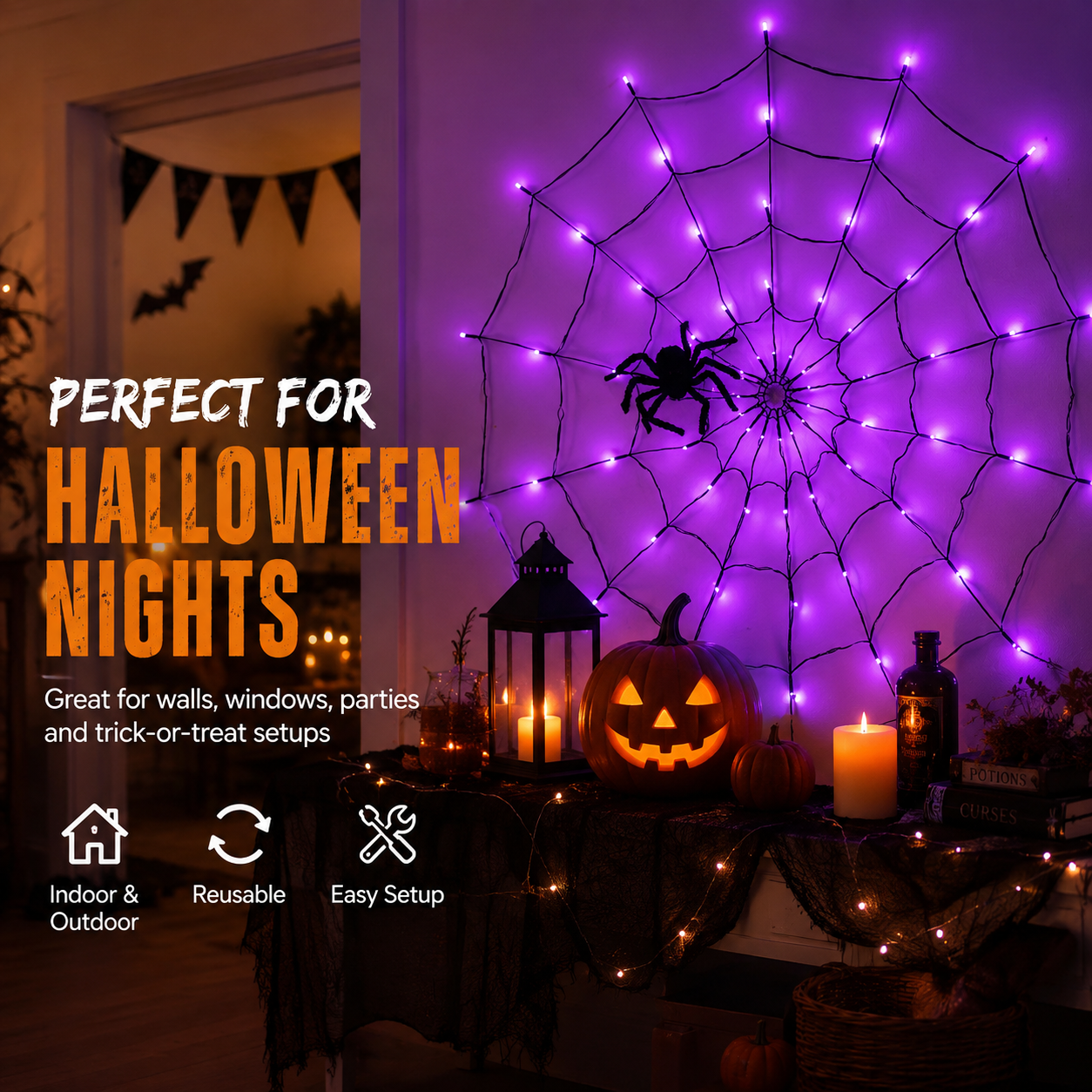 🕷️💜Halloween Purple LED Spider Web Lights 🕷️💜