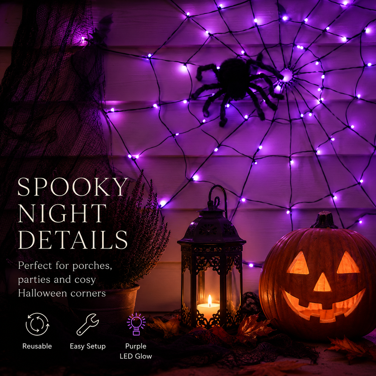 🕷️💜Halloween Purple LED Spider Web Lights 🕷️💜