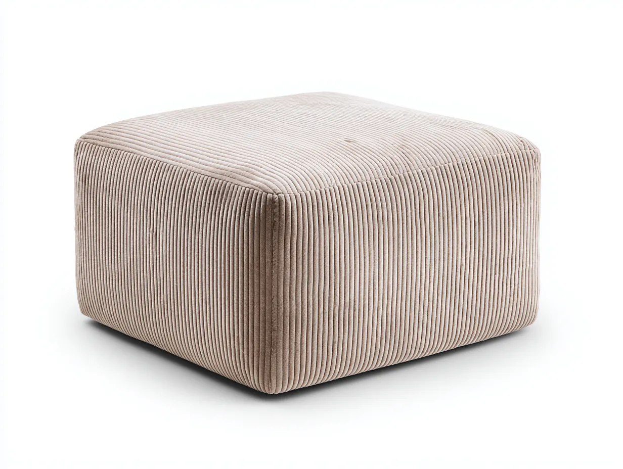 Reposapiés cuadrado de pana 68x68x40 cm - beige cálido - textura acanalada para salón