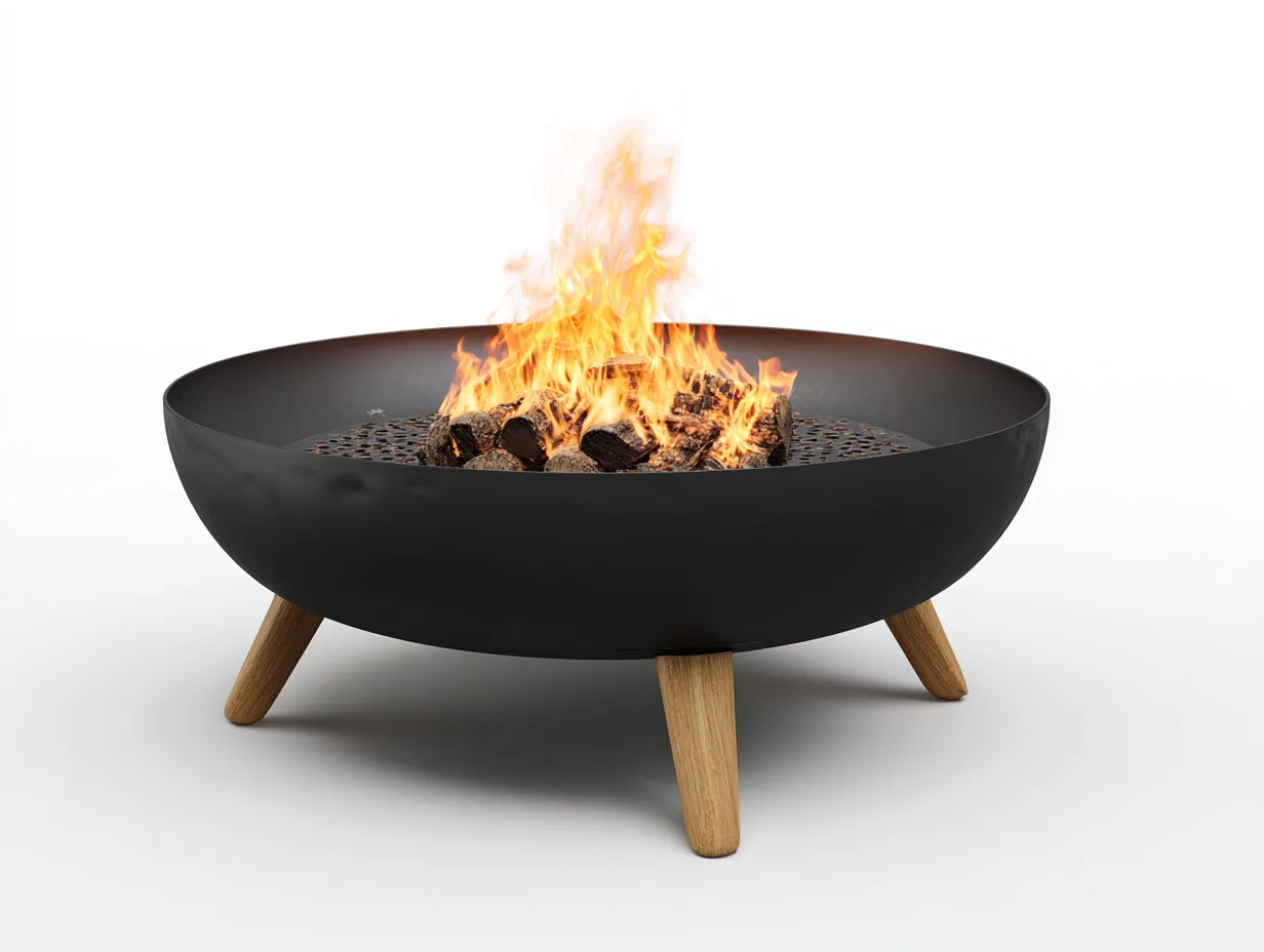 Brasero redondo de acero 88x88x52 cm - negro y madera natural - patas inclinadas para exterior