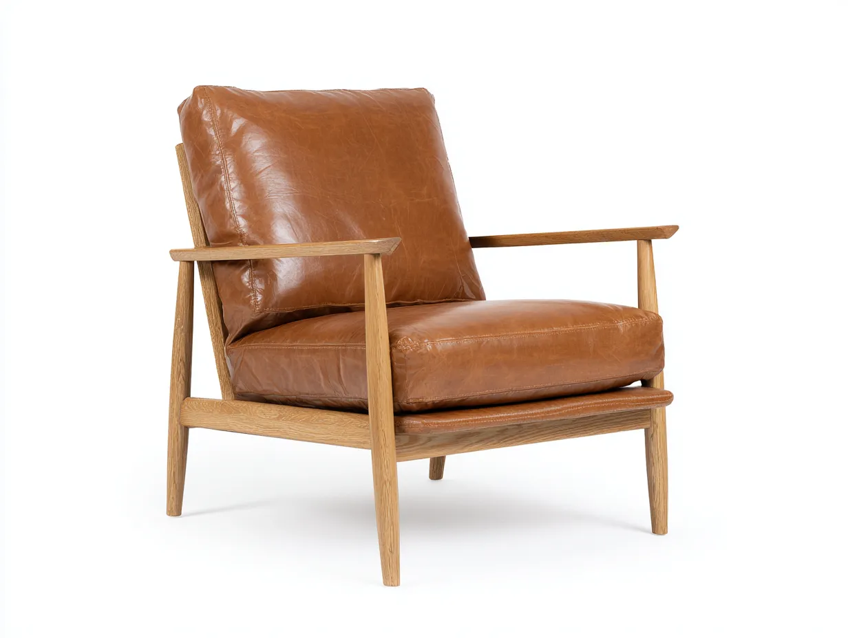 Sillón De Relax de madera natural y símil piel 80x82x83 cm - marrón coñac - para salón