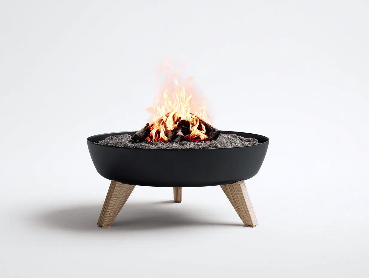 Brasero ovalado de acero 96x72x50 cm - negro y roble natural - cuenco bajo para exterior