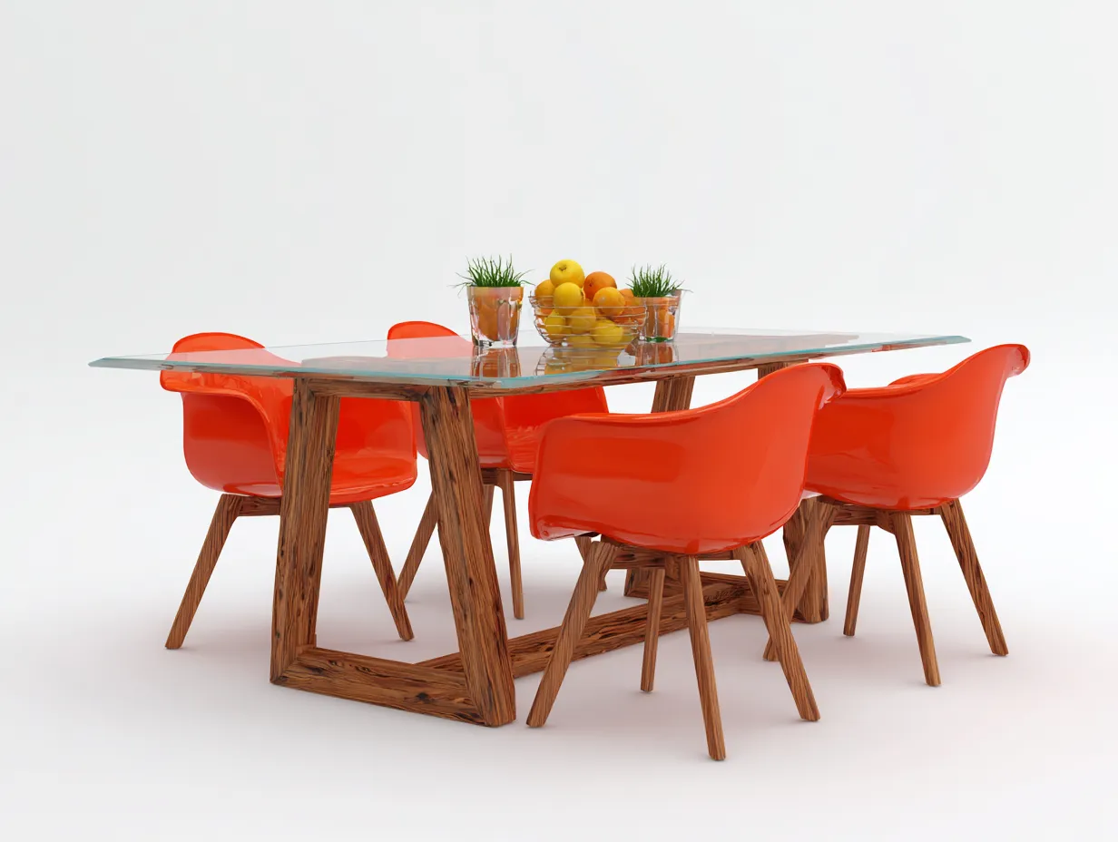 Conjunto de Mesa y Sillas rectangular de vidrio 190x95x76 cm - transparente y naranja y natural - 6 plazas-Vonacohome