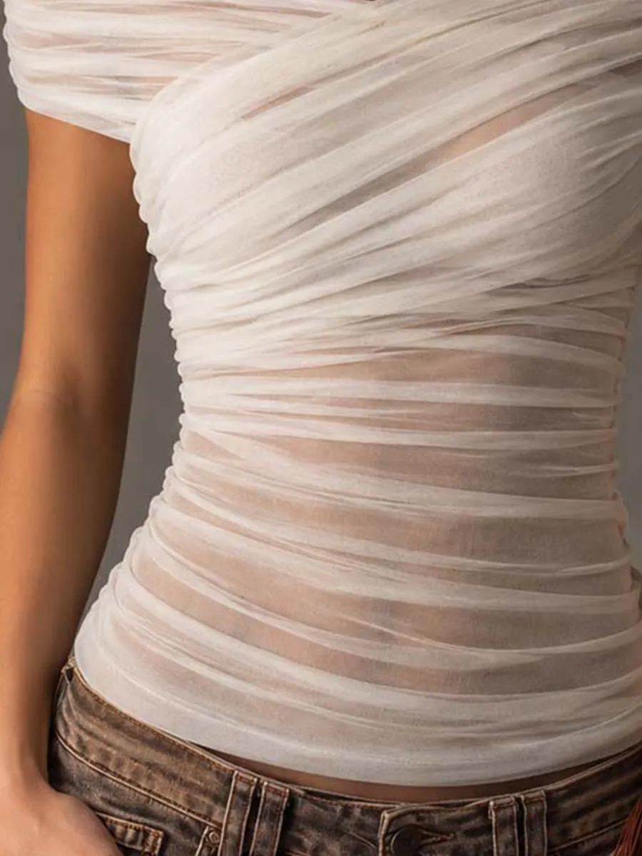 Off Shoulder Cross Wrap Ruched Mesh Slim Fit Top - detail view