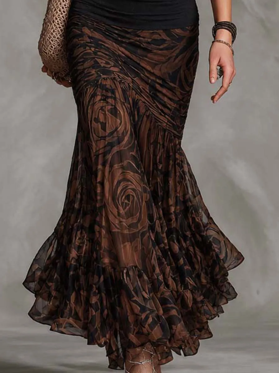 Vintage two-piece rib knit and floral chiffon ruched mermaid maxi - detail view
