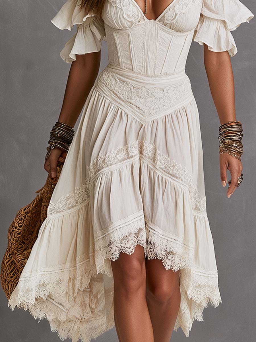 Boho dress back and ruffle high-low hem