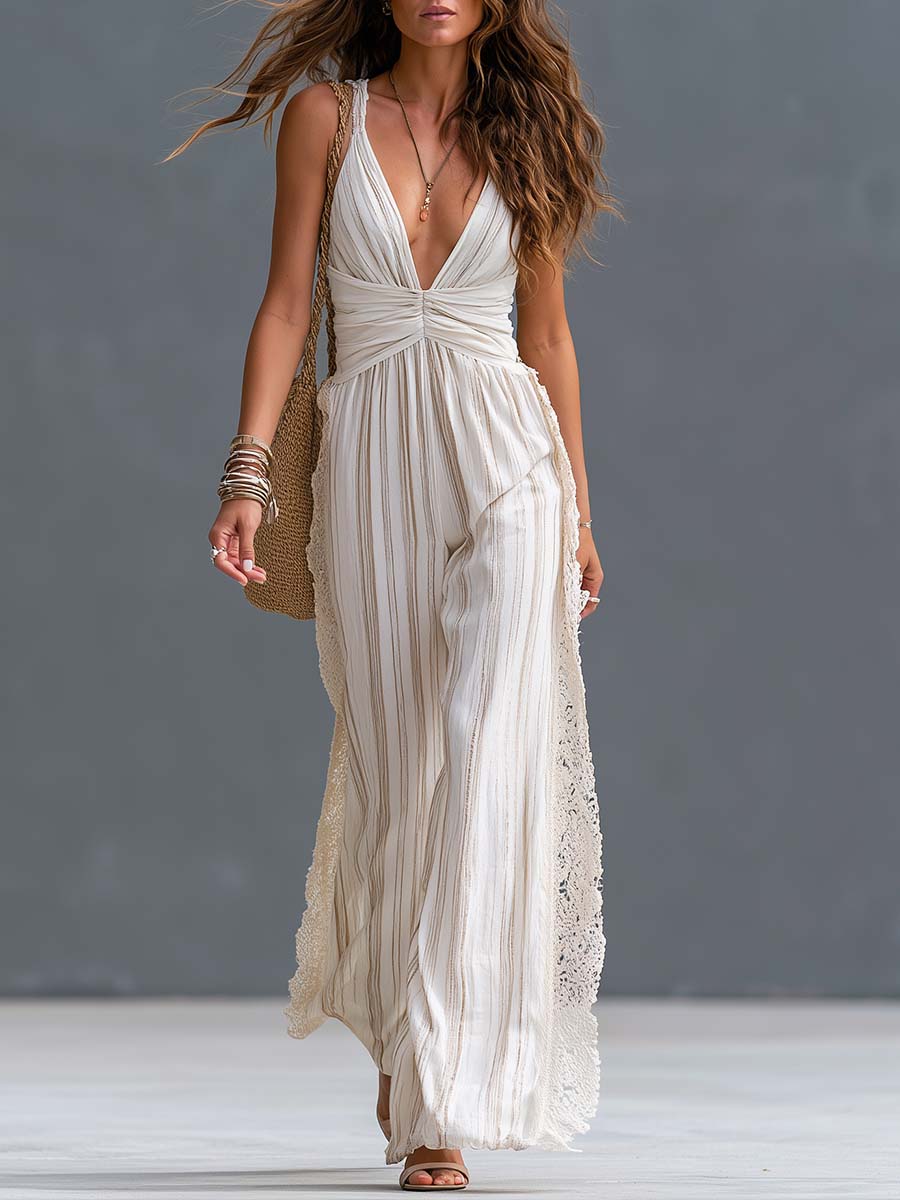 Boho Striped Deep V-Neck Crochet Lace-Side Wide-Leg Maxi Jumpsuit - view 1