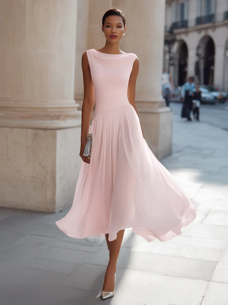 Draped Neck Sleeveless Pleated Maxi Dress