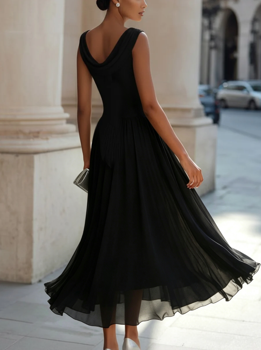 Draped Neck Sleeveless Pleated Maxi Dress