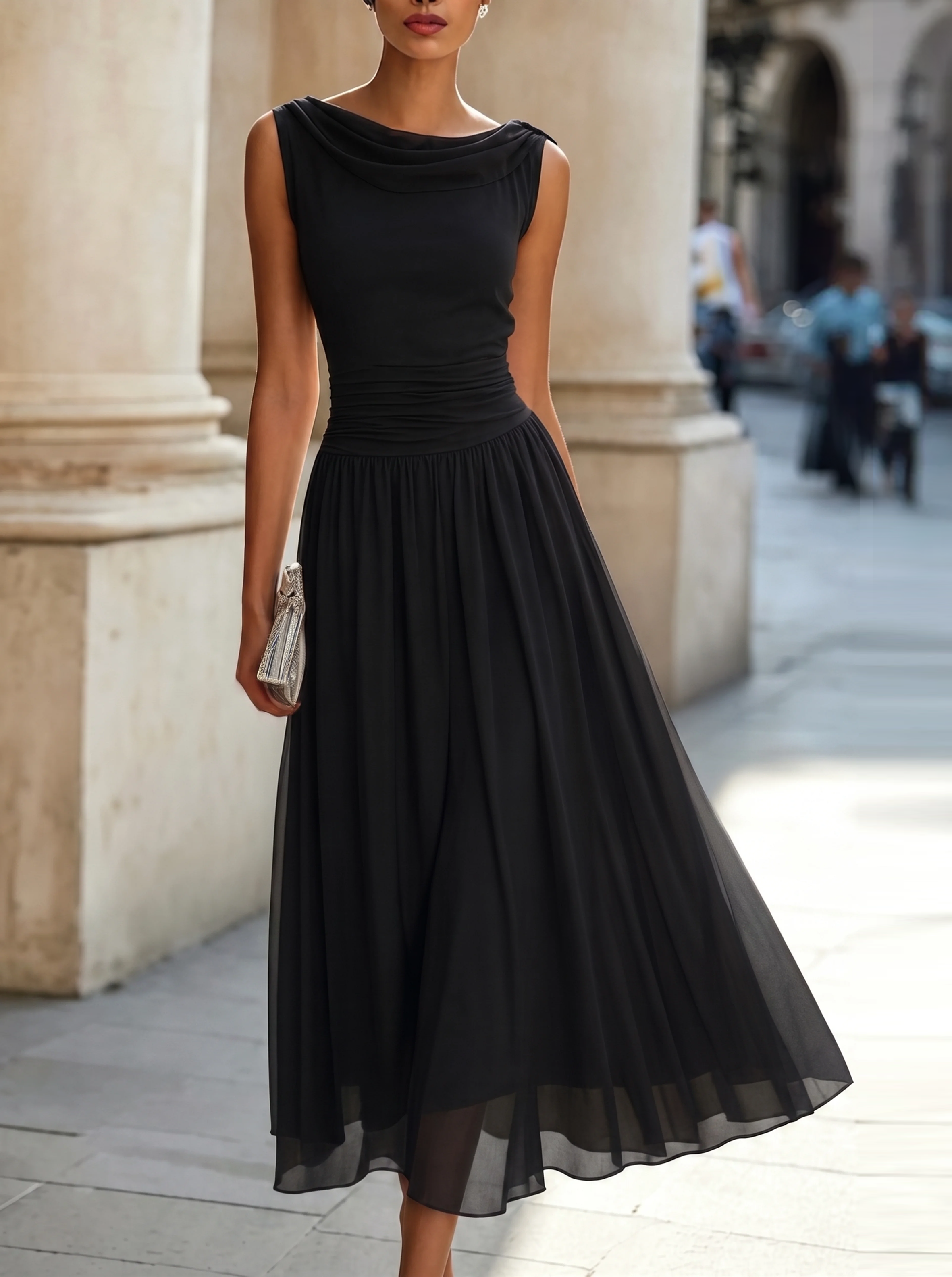Draped Neck Sleeveless Pleated Maxi Dress