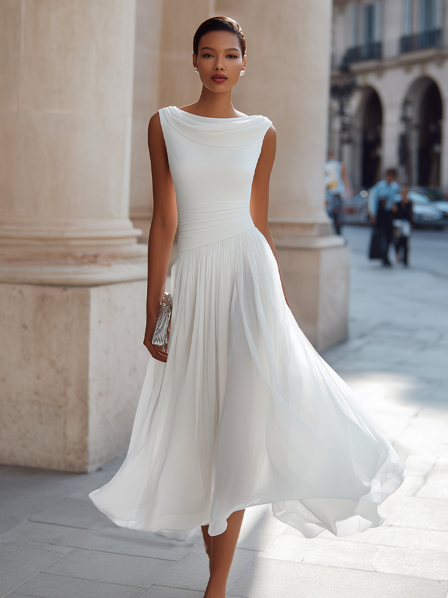 Draped Neck Sleeveless Pleated Maxi Dress