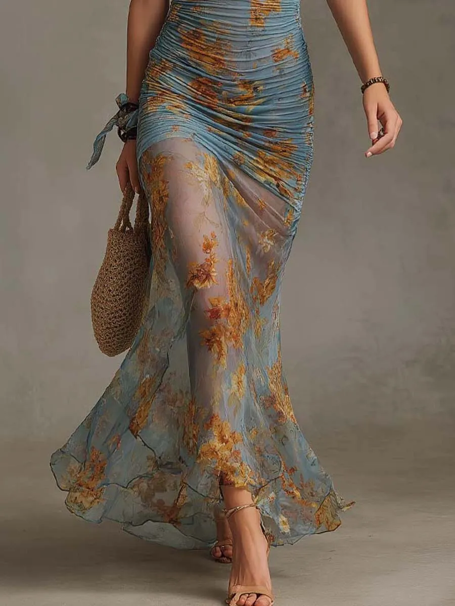 Vintage Bohemian Floral Sheer Chiffon Halter Ruched Mermaid Maxi Dress - Image 3