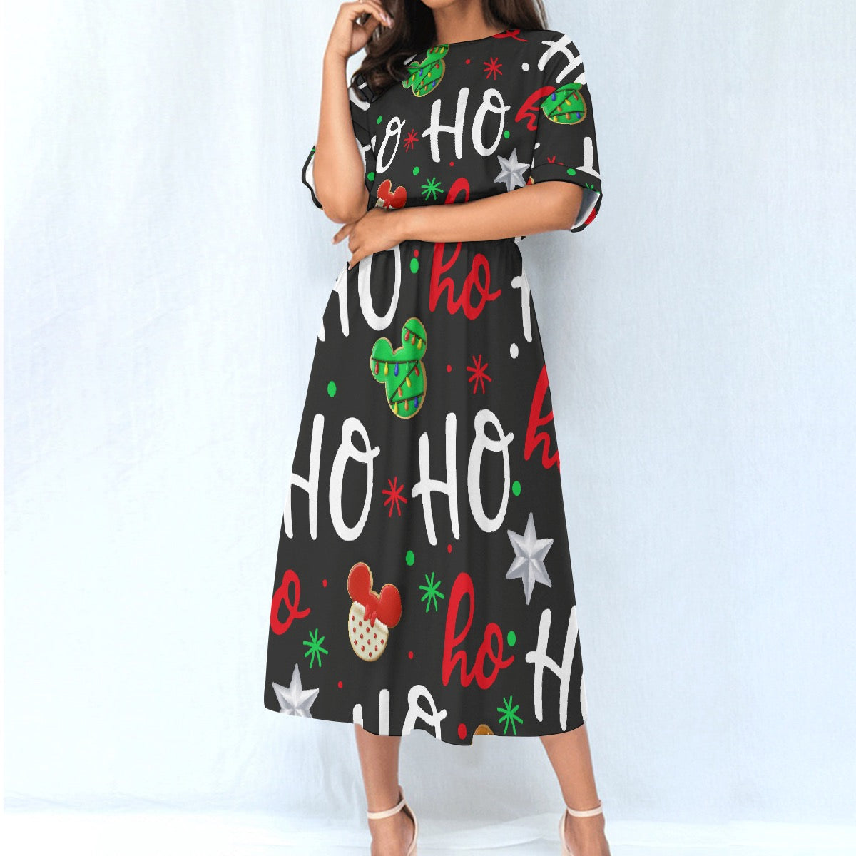 All-Over Print Women's Elastic Waist Dress 347 Christmas, ho ho ho print