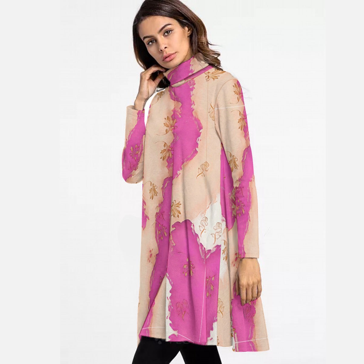 All-Over Print Women's High Neck Dress With Long Sleeve 343 pink and beige abstract