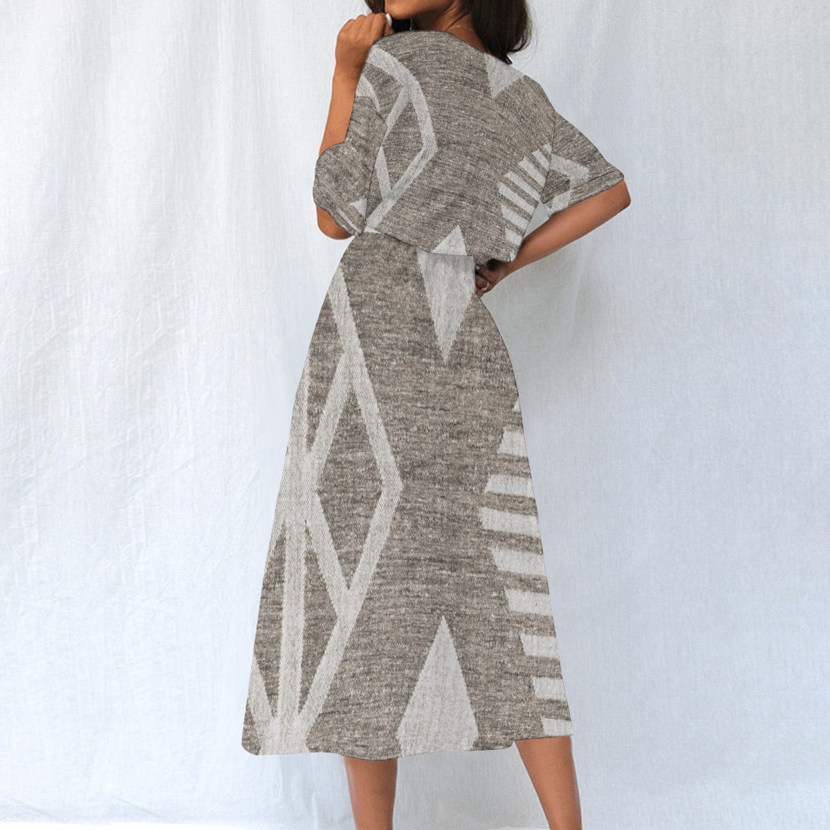 All-Over Print Women's Elastic Waist Dress 350 beige, and white abstract print