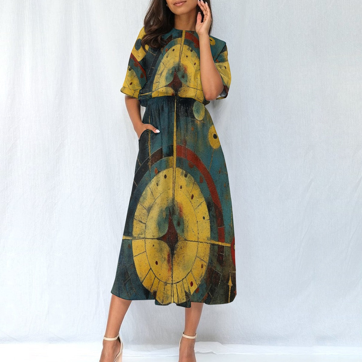 All-Over Print Women's Elastic Waist Dress 362 clock, abstract, print