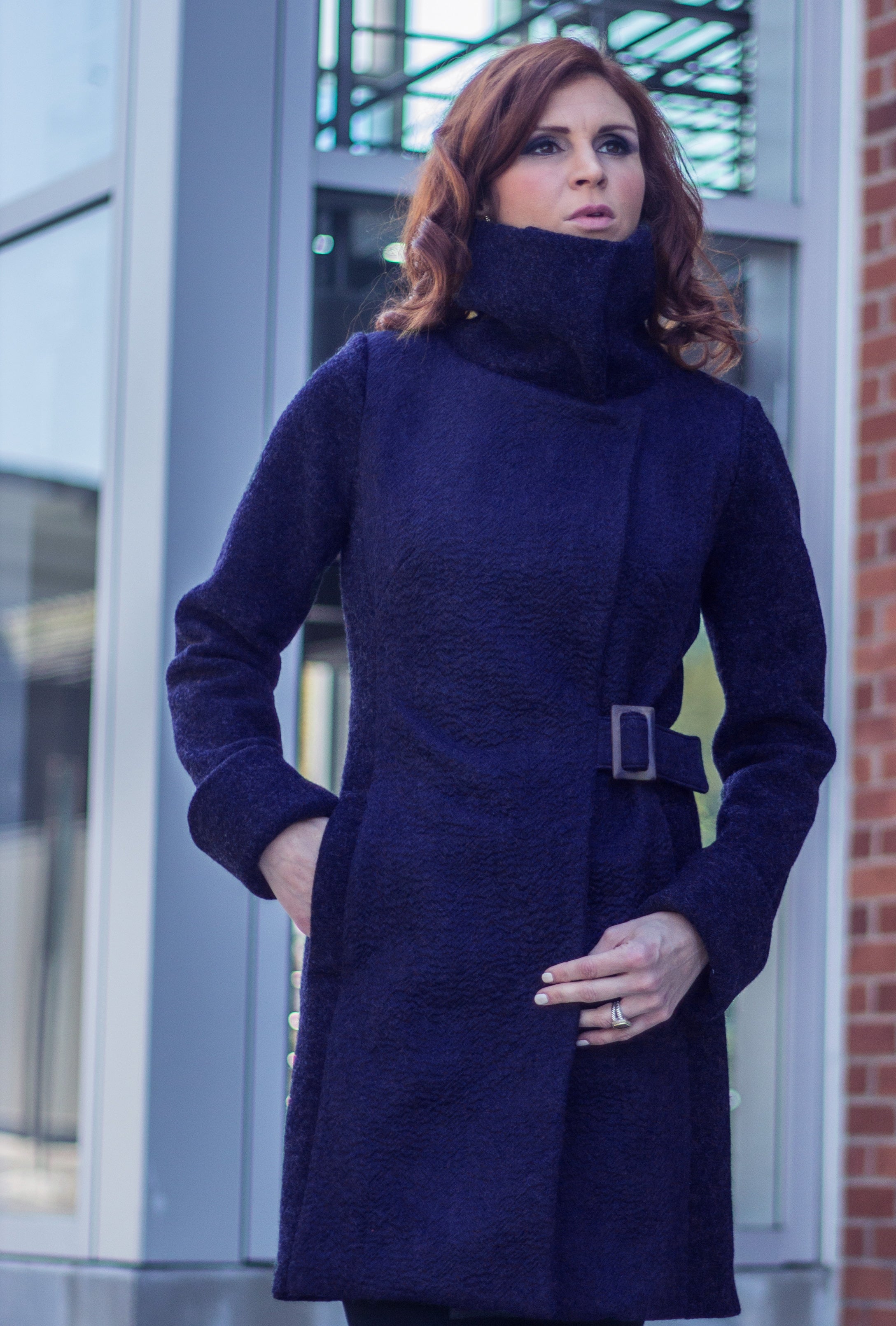 COWL NECK COAT NAVY WAVE