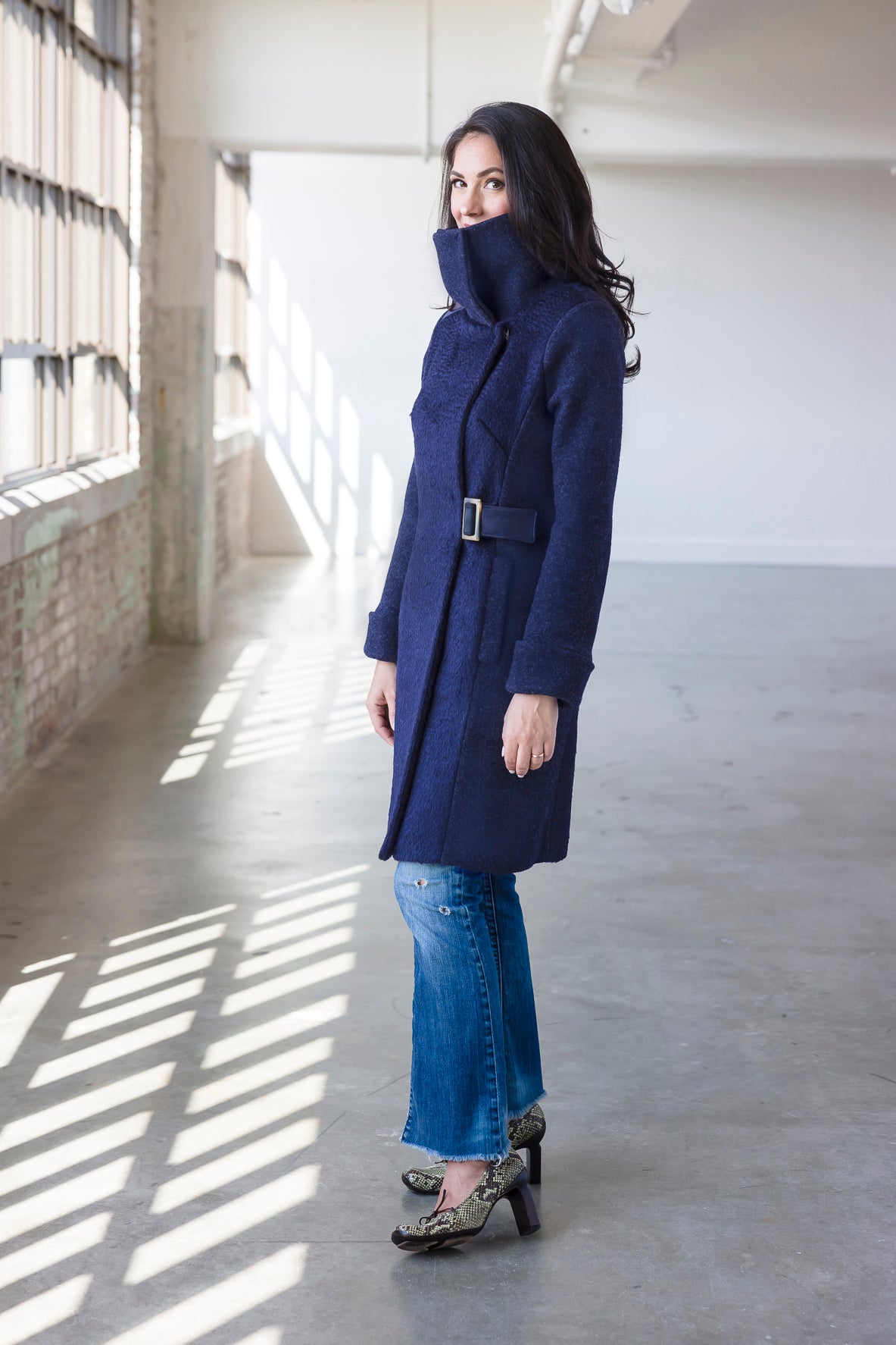 COWL NECK COAT NAVY WAVE